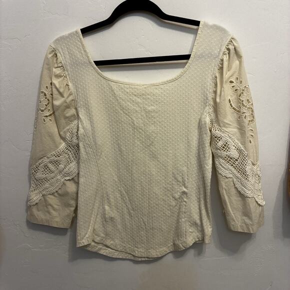FREE PEOPLE Brunch Date Ivory Eyelet Lace Sleeve Blouse L Coquette Romantic Boho - Picture 5 of 11